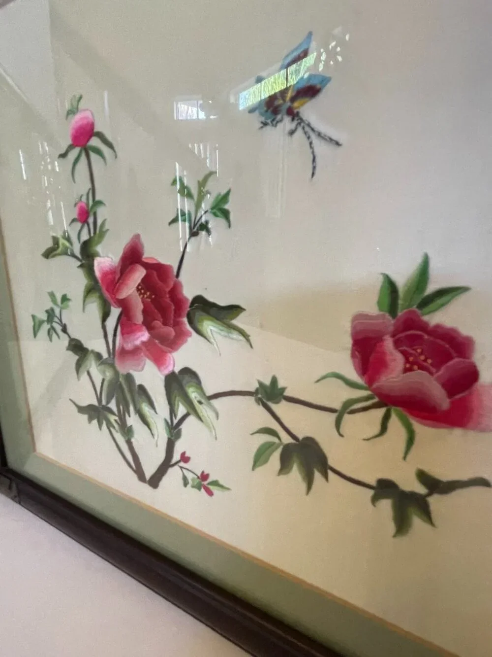 VTG Asian Wall Art Silk Embroidered Pink Flowers & Butterflies 3.5
